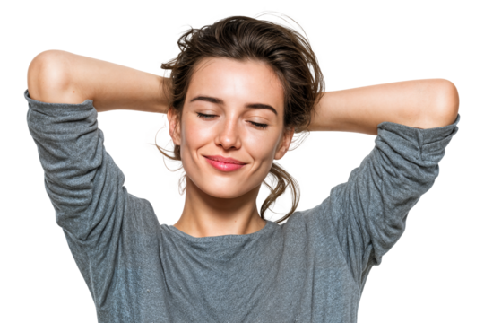 Relaxed young woman smiling with eyes closed and hands behind head showing peace and contentment isolated on transparent background - Powered by Adobe