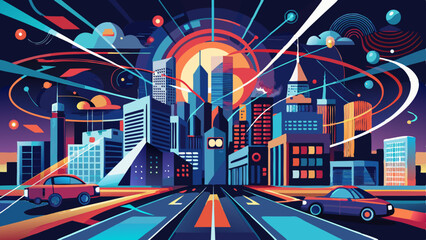 Dynamic city skyline with vibrant energy beams and cars, perfect for modern urban branding or technology themes, capturing the essence of urban life.
