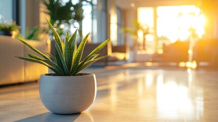 A potted snake plant in a modern living room with a sunlit background.