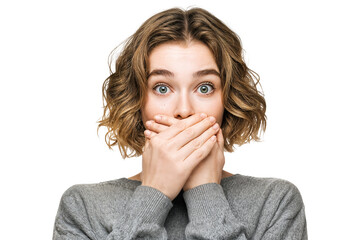 Shocked young woman covering mouth with hands in surprise and disbelief isolated on transparent background