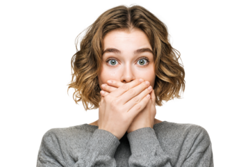 Shocked young woman covering mouth with hands in surprise and disbelief isolated on transparent background