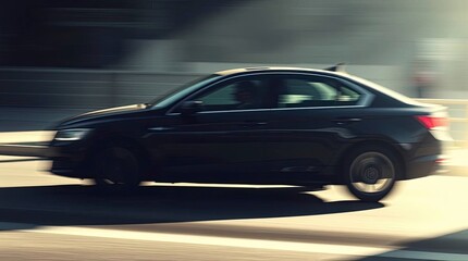 Vector graphic showing a blurred car in motion, strong light casting sharp shadows, soft light creates a hazy dreamy effect, emphasizing the contrast between light and shadow