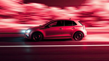 Obraz premium Surreal infrared moving car, flat design, blur effect, monochrome infrared tones, simple shapes, sharp lines, minimalist aesthetic, vector art