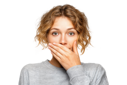 Shocked young woman covering mouth with hands in surprise and disbelief isolated on transparent background
