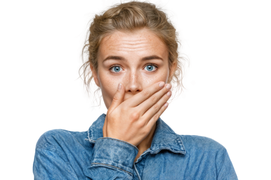 Shocked young woman covering mouth with hands in surprise and disbelief isolated on transparent background