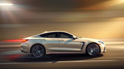 Naklejka premium Vector illustration of a speeding car with motion blur, contrasting strong and soft light sources, sharp shadows, a dreamy hazy ambiance