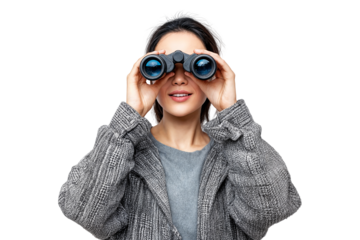 Smiling young woman looking through binoculars isolated on transparent background with curious and adventurous expression