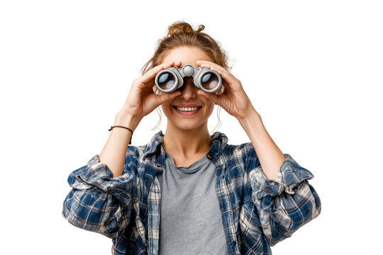 Smiling young woman looking through binoculars isolated on transparent background with curious and adventurous expression