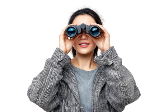 Smiling young woman looking through binoculars isolated on transparent background with curious and adventurous expression - Powered by Adobe