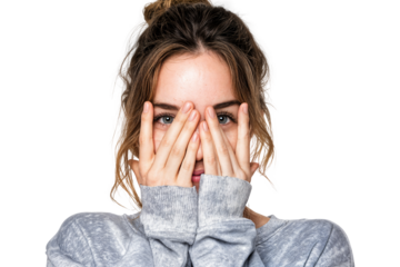 Young woman covering part of face with hands looking forward with shy and curious expression isolated on transparent background