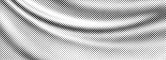 Black halftone dot wave pattern. Abstract grain fluid texture background. Dotted grit curve wallpaper. Rasterized undulate swoosh overlay for poster, leaflet, booklet, banner, brochure, flyer