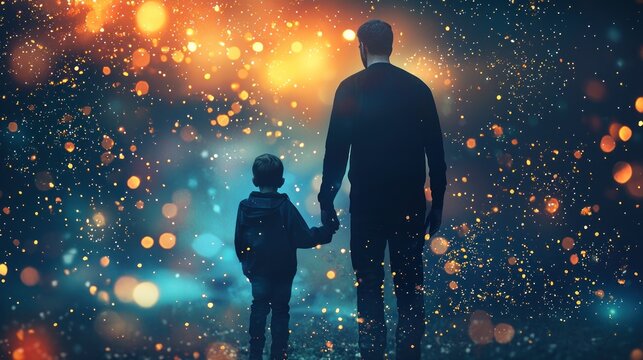 A man and a child holding hands in a starry night sky filled with glowing orbs.