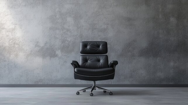 A black leather office chair with a headrest in a minimalist, concrete room. - Powered by Adobe