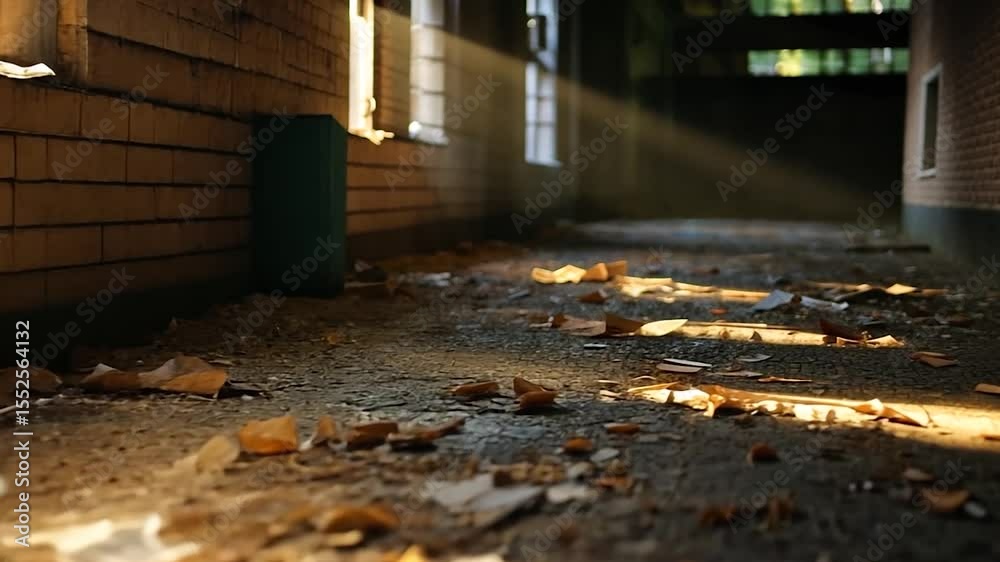 Poster Sunlit Abandoned Corridor with Shattered Glass and Debris in Dilapidated Building