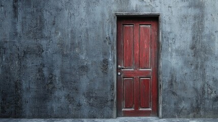 A red wooden door with a textured gray wall in the background.