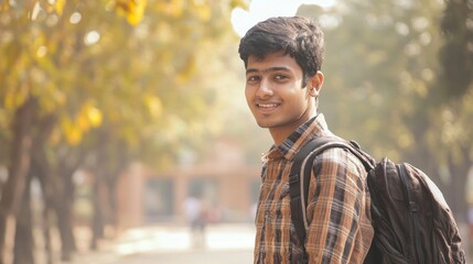 A young man with a backpack standing in a park with trees in the background.