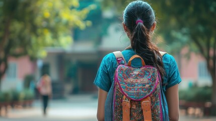 A young girl with a backpack walking towards a building with trees in the background.