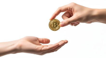 Hand giving a bitcoin to another hand on white background. Concept of digital transaction, cryptocurrency exchange, and financial transfer.

