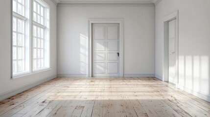 A spacious, minimalist white room with wooden floors and a large window, featuring a white door with a black handle and a white wall with a white door.