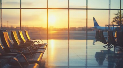 Empty airport terminal with chairs and a plane in the distance, with a sunset in the background.