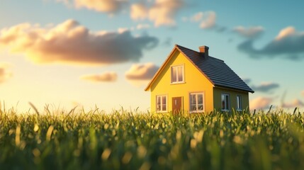 A yellow house with a red roof stands in a green field under a blue sky with white clouds.