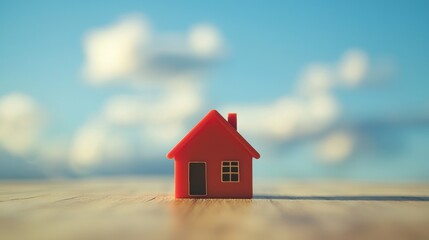 A red toy house on a wooden table with a blue sky and white clouds in the background.
