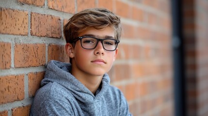 A young boy wearing glasses leaning against a brick wall with a serious expression.