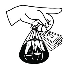 A hand holding balanced scales and a bag of money in clean line art, symbolizing justice, fairness, and financial decisions in a minimal and modern design.
