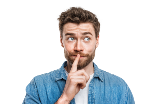 Surprised man making silence gesture with finger on lips isolated on transparent background