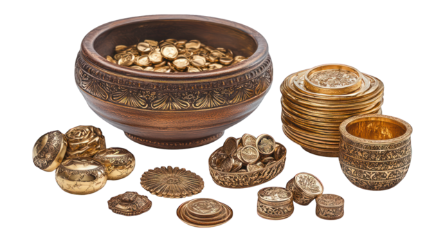 Carved bowls filled with golden coins, ornate design