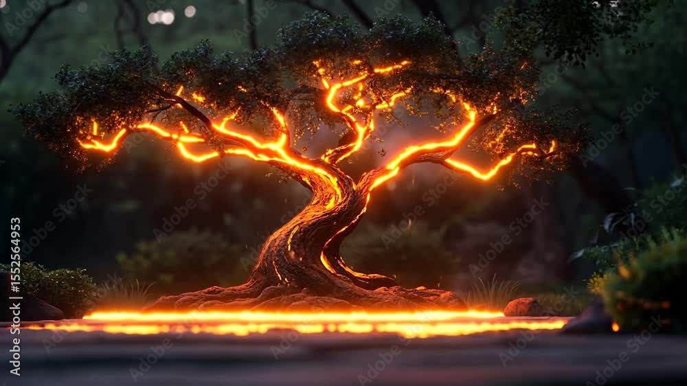 Poster luminous orange glowing tree in forest reflecting in water at dusk with dark green foliage and soft 