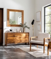 Modern wooden entryway with mirror, cabinet, and chair