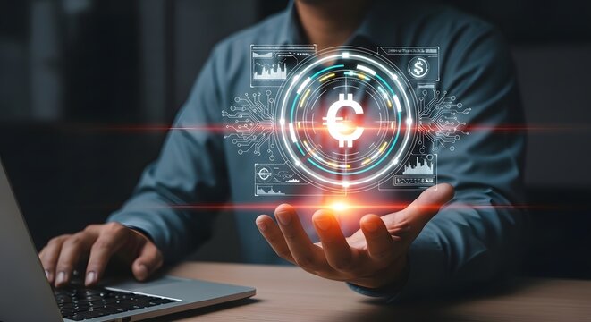 Businessman interacting with futuristic digital dollar symbol on virtual interface. Concept of digital banking, fintech, and financial technology innovation.

