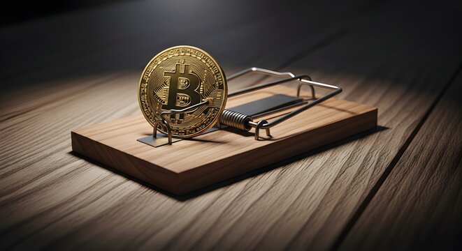 Golden bitcoin placed in a mousetrap on wooden surface. Warning concept of crypto scams, financial risk, and digital investment danger.

