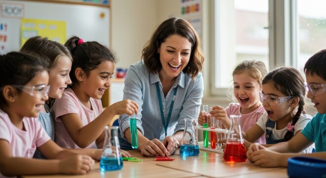 Children and teacher conducting science experiment in classroom focused on chemistry with colorful liquids in beakers and test tubes