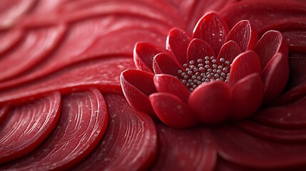 A digitally crafted macro shot of a stylized red flower with silver seed details