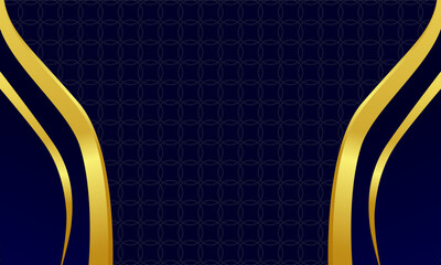 Symmetrical golden swooshes highlight center on deep luxury blue background with geometric texture