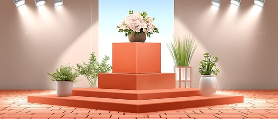 Minimalist display podium with plants and flowers