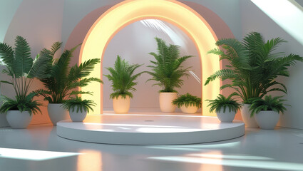Clean White Space with Curved Architecture and Indoor Plants