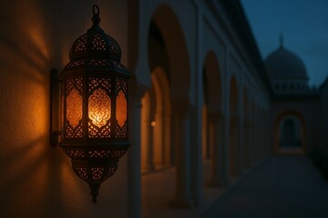 A glowing Moroccan lantern lights up an Islamic archway during twilight, showcasing cultural elegance and spiritual calm. Ideal for Ramadan, Islamic architecture, and warm evening scenes.