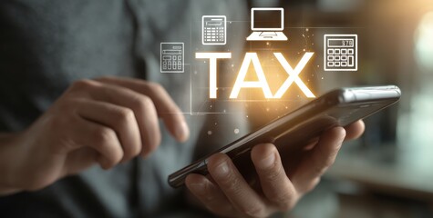 Person using a smartphone with tax icons overlayed