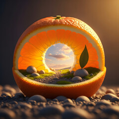 Miniature landscape inside a sliced orange with a scenic sky view