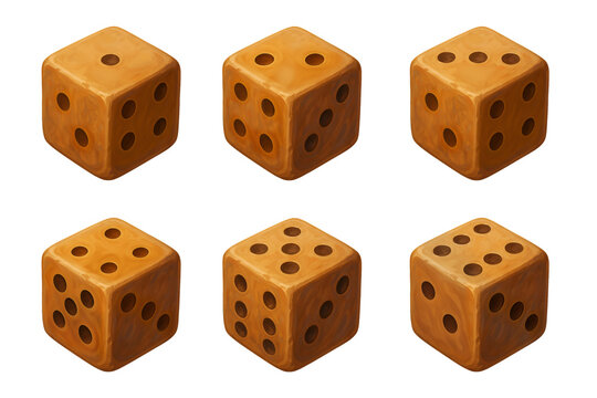 A set of six wooden dice, each showing a different face from one to six. The dice have a rustic, hand-crafted appearance with natural wood grain textures and slightly worn edges, giving th