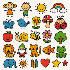 Cute Cartoon Vector Characters Set - Kids Children Animals Nature Elements Colorful Illustration Pack