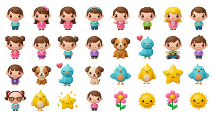 Naklejka premium Cute Cartoon Vector Characters Set - Kids Children Animals Nature Elements Colorful Illustration Packge 