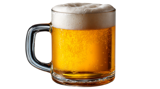 A refreshing glass mug filled with golden beer and a thick frothy head isolated on transparent background
