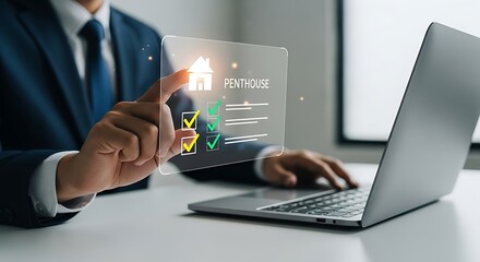 Elegant Businessman Using Futuristic Home Checklist Interface on Laptop