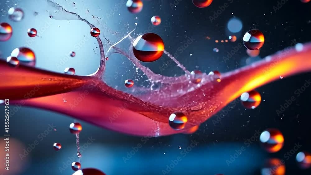 Poster abstract liquid splash with floating spheres in red and orange hues against dark blue background