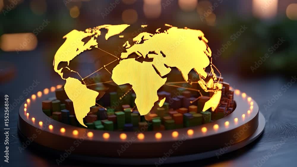 Leinwandbilder Illuminated World Map on Pedestal Representing Global Data Network and Interconnection