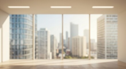 Empty room with large window overlooking a cityscape with tall buildings.